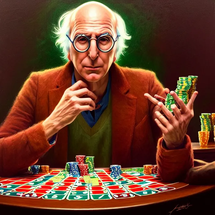 Image similar to bright psychedelic portrait of larry david playing poker, diffuse lighting, fantasy, intricate, elegant, highly detailed, lifelike, photorealistic, digital painting, artstation, illustration, concept art, smooth, sharp focus, art by John Collier and Albert Aublet and Krenz Cushart and Artem Demura and Alphonse Mucha