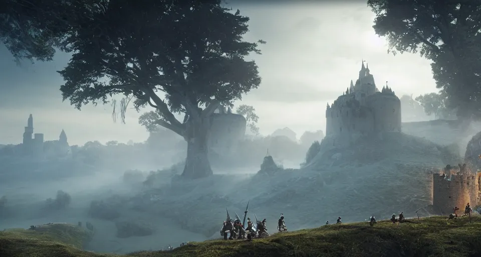 Image similar to ten medieval soldiers atop a castle wall looking over a vast medieval kingdom rule by an evil king. it is a quiet morning. mist, epic, cinematic, volumetric lighting, fantasy style, highly - detailed, unreal 5, realism