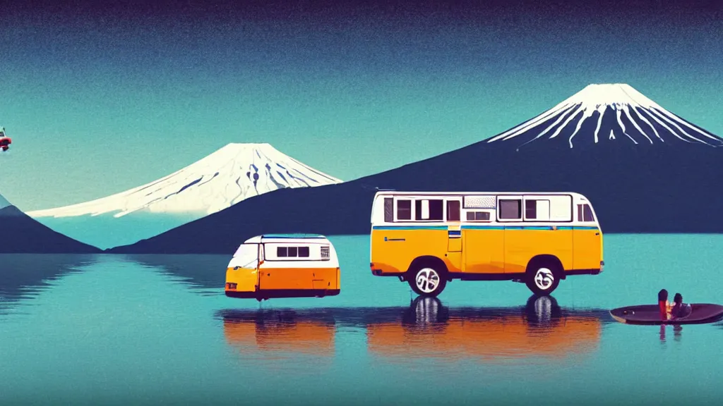 Image similar to a scene of two travellers and their camper touring at the edge of yamanaka lake, reflecting mount fuji, japan, a collage painting, in the style of wes anderson, lola dupre, david hockney, isolated on negative white space background dark monochrome neon spraypaint accents volumetric octane render