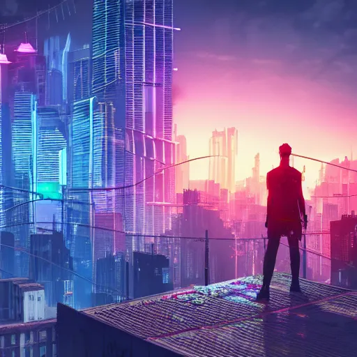 Image similar to Neon city, soldier standing on roof of large building, looking over city, Colorfull, cyberpunk, high detail, photo realistic, art station