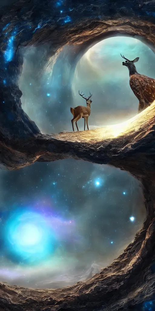 Prompt: a deer peering into a giant portal into the universe in the shape of a keyhole to the nebulae and galaxies, an eagle flying, beautiful matte painting by weta workshop 4 k, cinematic dramatic atmosphere, dramatic lighting, trending on artstation