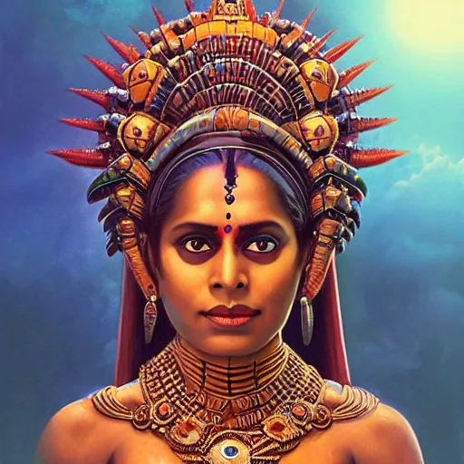 Prompt: smita patil as sci fi india aztec goddess, cinematic, complex, highly atmospheric lighting, trending on artstation, highly detailed, ornate, claudio bravo, alex grey, greg rutkowski, in the style of marvel comics, artgerm, frank bairstow, james cameron, ridley scott