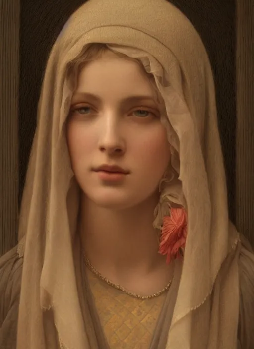 Image similar to beautiful art portrait by John William Godward and Anna Dittman depicting saint mary, evening, atmospheric lighting, intricate detail, cgsociety, hyperrealistic, octane render, ambient light, dynamic lighting