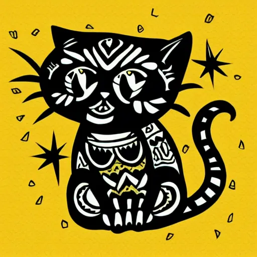 Prompt: tattoo sketch of a cat hugging the sun, on a yellow paper, african ornament, line art, vector