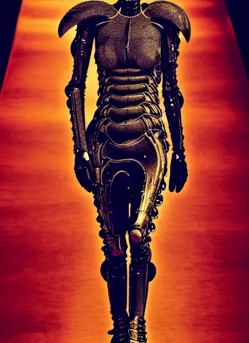 Image similar to walking down the catwalk, stage, vogue photo, podium, fashion show photo, iris van herpen baroque dress, beautiful woman, perfect body, full body shot, helmet on face, inflateble shapes, masterpiece, guyver, giger, biomechanical details, denis villeneuve, movie still, fauvism, cinestill, bokeh, artstation