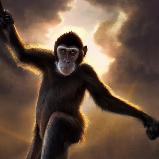 Image similar to a monkey throwing a bone to the air , dramatic lighting, cinematic, establishing shot, extremly high detail, photorealistic, cinematic lighting, artstation, style by James Gurney