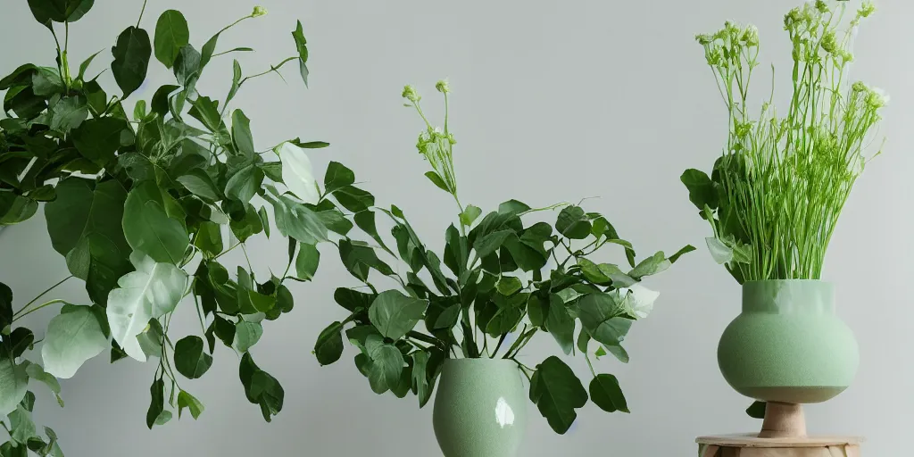 Prompt: glossy big flowers in delfsblauw vase, modern studio light soft colour, backlight green leaves