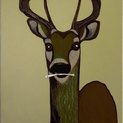 Prompt: deer with a cigarette in its mouth, stylized, artistic, great contrast, brown and green, rule of thirds, dripping paint, thick strokes, gouche