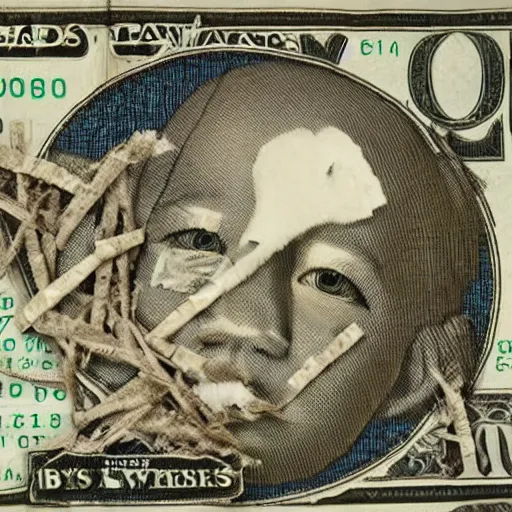 Prompt: dollar bills weaves together to make a birds nest. a crying baby lays in the middle.