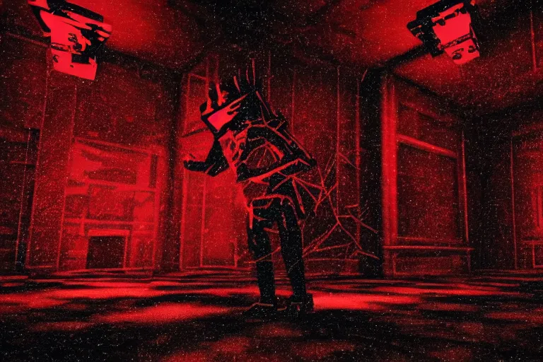 Image similar to cctv footage of an extremely dark empty room, evil horror cryptid monster chasing towards camera, made out of static, dark deep black shadows, crimson red and black color contrast in the style of trevor henderson and james ensor goya, liminal space, 3 d render, glitch effect