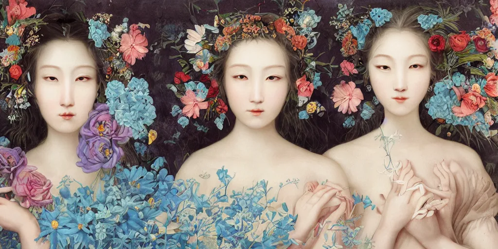 Image similar to breathtaking detailed concept art painting portrait of two goddess of light blue flowers by hsiao - ron cheng, carroty hair, orthodox saint, with anxious piercing eyes, vintage illustration pattern background with bizarre compositions blend of flowers and fruits and birds by beto val and john james audubon, exquisite detail, extremely moody lighting, 8 k