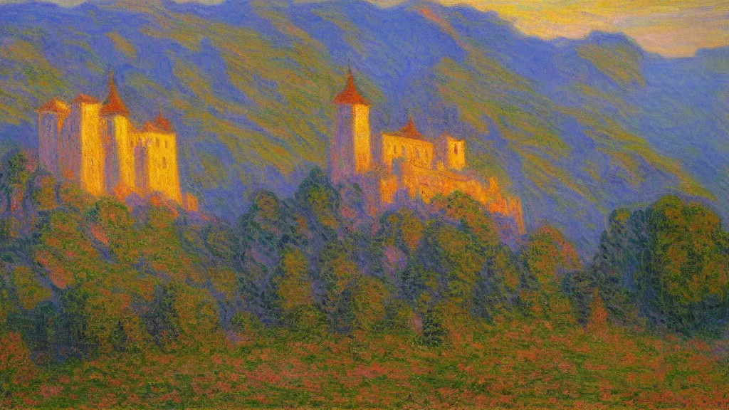 Prompt: High-Quality realist painting of an orthodox monastery in a valley at dawn by Claude Monet, peaceful, very detailed, digital art.