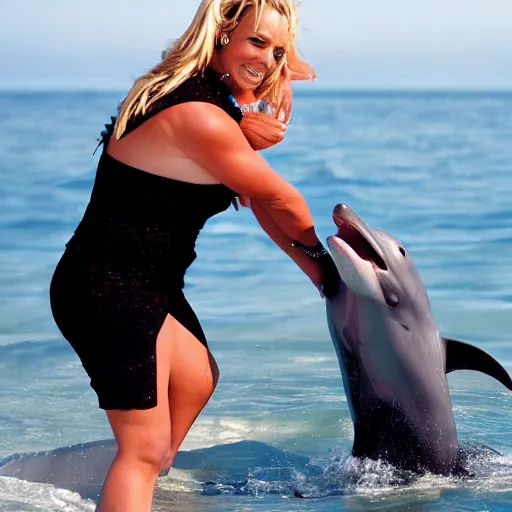 Prompt: Britney Spears hugging a dolphin on a beach, realistic, photography, 40mm, f4