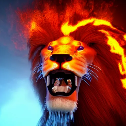 Image similar to fire lion, flaming, detail, unreal engine, cinematic lighting, colorful