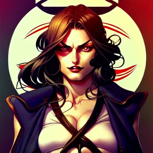 Image similar to artgerm, joshua middleton comic cover art, pretty pirate phoebe tonkin smiling, symmetrical eyes, symmetrical face, long curly black hair, on a pirate ship background, warm colors