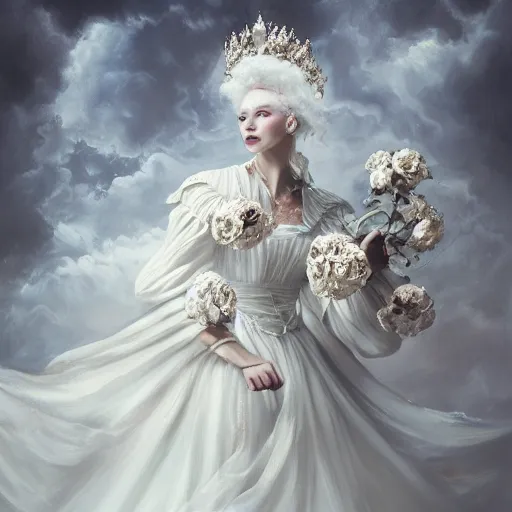 Prompt: painting of a a queen with a white large magnificent more and more vaporous ,wrapped ,hight decorated, detailed ,white and cream roses cotton dress shooting surrounded by a bouquet of abstract white flowers and clouds, dramatic light, artstation octane,surrealism 8k