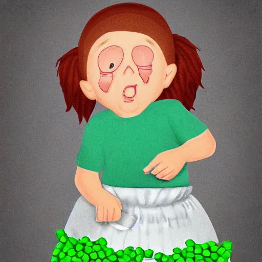Prompt: an illustration of a child with a runny nose and sauerkraut arms running over peas, digital art