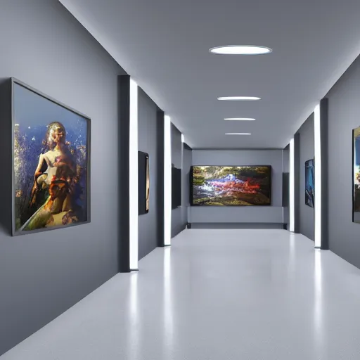 Prompt: futuristic museum of art. digital paintings in glowing frames across the hallway. wide angle. hyperrealistic, unreal engine, very detailed, 8 k render, ultra detailed, realistic texture
