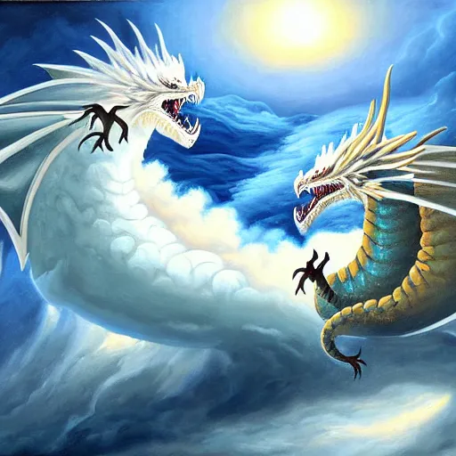 Image similar to a vast oil painting of two storm dragons dueling above the snowy peaks, hyper realistic, vivid, highly detailed, many colors