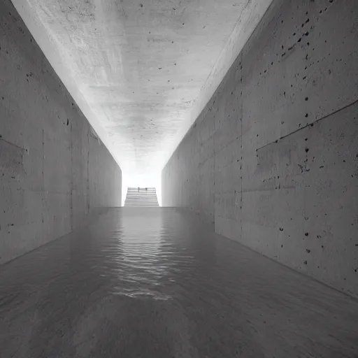 Image similar to underground concrete structure, minimalist architecture, surreal, liminal space, angled walls, high ceiling, flooded,