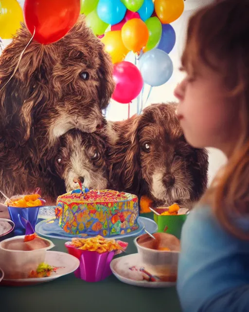 Image similar to pals have a birthday party, hyper realism, cinematic shot, fine details, 8 k, depth of field, professional photo, photorealistic, intricate complexity, extremely detailed, very sharp, award winning photo,