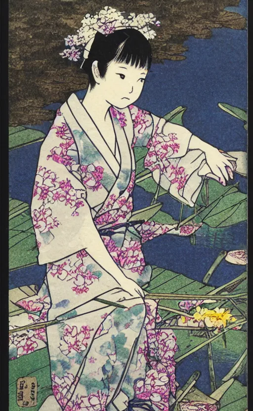 Image similar to by akio watanabe, manga art, a girl sitting on small wooden lake bridge and iris flowers, trading card front, kimono, realistic anatomy