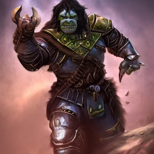 Image similar to realistic full body portrait of half orc cleric, dungeons and dragons, male, wearing eye shadow, ornate armor, shallow depth of field, highly detailed, dslr, volumetric lighting, dynamic pose, hyperrealism, highly textured