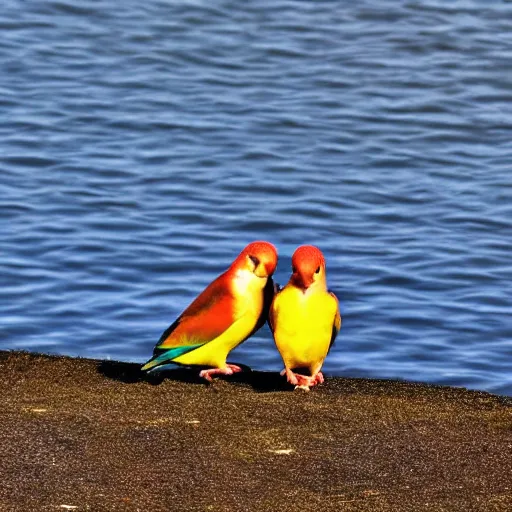 Image similar to lovebird sitting at shore, reflective, sunny day, landscape photography, nature