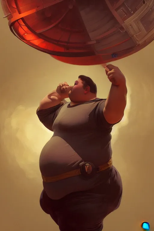 Image similar to an overweight man as a human cannonball, realistic painting, symmetrical, highly detailed, digital painting, artstation, concept art, smooth, sharp focus, illustration, cinematic lighting, art by artgerm and greg rutkowski and alphonse mucha