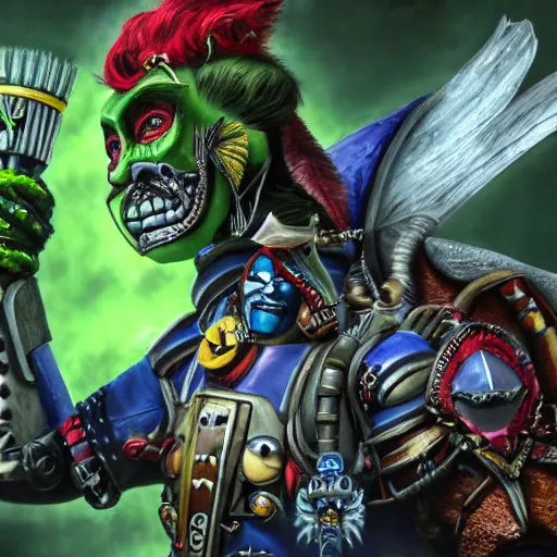 Image similar to jim carey as the mask in the warhammer 4 0 k universe world, digital art, 4 k, very detailed