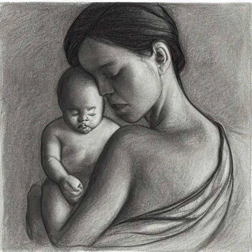 Image similar to This body art is beautiful because of its harmony of colors and its simple but powerful composition. The artist has created a scene of peaceful domesticity, with a mother and child in the center, surrounded by a few simple objects. The colors are muted and calming, and the overall effect is one of serenity and calm. pencil drawing, graphite by Nora Heysen incredible