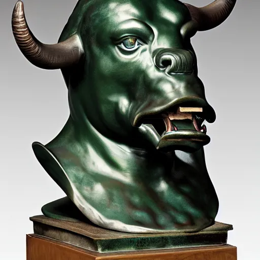 Prompt: professional color photograph of a patinated bronze portrait bust of an angry bull supported by a bronze plinth, by Auguste Rodin, Jean-Leon Gerome