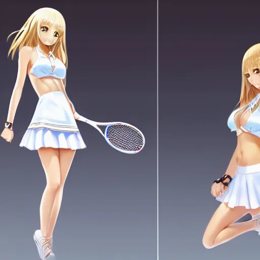 Image similar to full body shot : a very beautiful young blond tennis anime girl, sky blue eyes,, bikini, white miniskirt, highly detailed, cinematic wallpaper by stanley artgerm lau