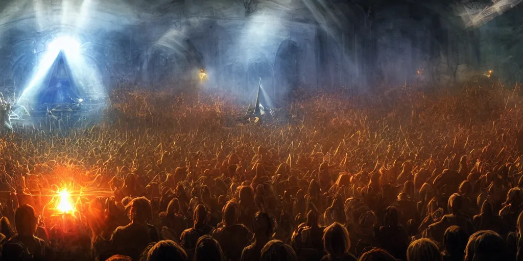 Image similar to ambience, atmosphere, sunbeams, concept art for sauron playing rock guitar concert to a crowd of orcs, lord of the rings, peter jackson, studio ghibli, detailed, realistic lighting, volumetric lighting, golden hour,