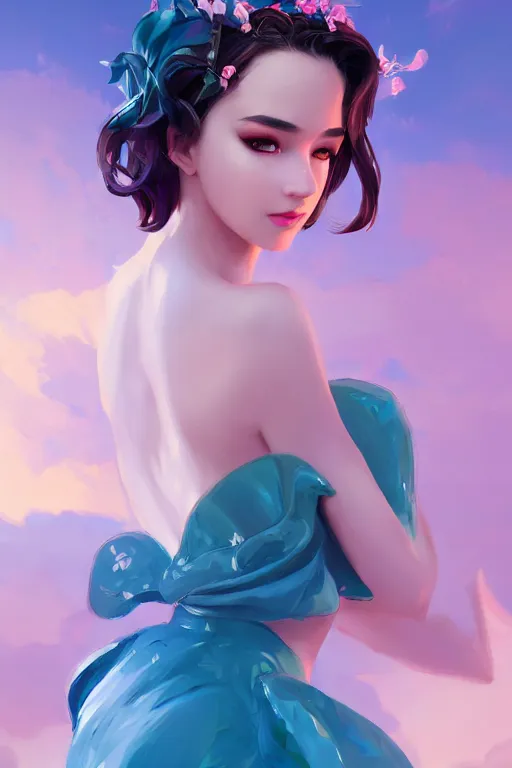 Image similar to a beautiful fashion goddness of love, chic strapless dress, tropical sea background, character design, in the style of artgerm, and wlop, cinematic lighting, hyperdetailed, 8 k realistic, symmetrical, global illumination, radiant light, frostbite 3 engine, cryengine, dof, trending on artstation, digital art