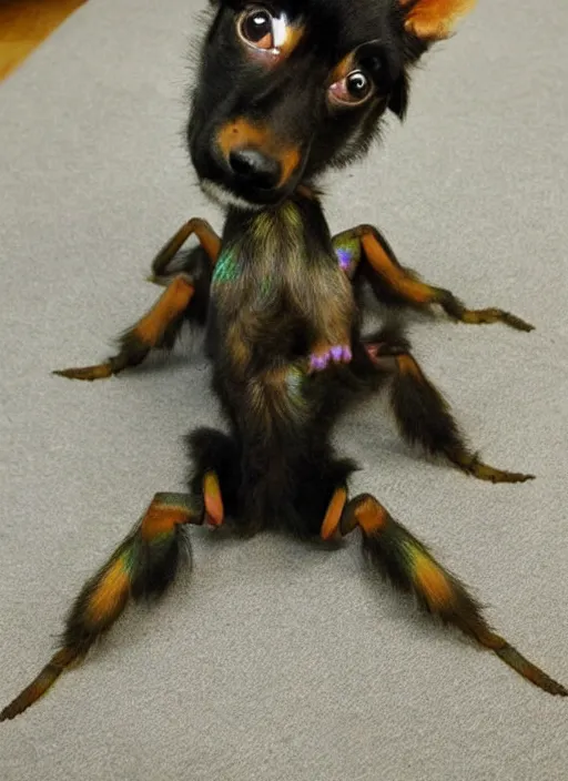 Prompt: genetic combination of a dog, a praying mantis, and a teddy bear. insectoid puppy. iridescent pink fur, big red eyes, mantis claws