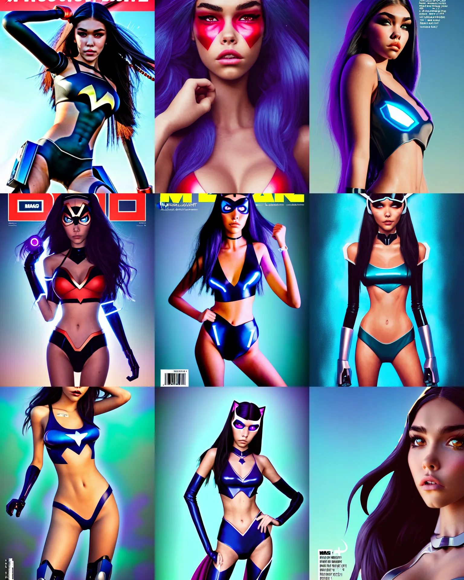 Prompt: magazine cover portrait photo of madison beer : : college woman : : as marvel hero catgirl cyborg by pixar : : by greg rutkowski, wlop, rossdraws, artgerm, weta, marvel, colorful rave makeup, leeloo, unreal engine, glossy skin, boutinela bikini, pearlescent, shiny, 4 k, hdr, bright morning, : :