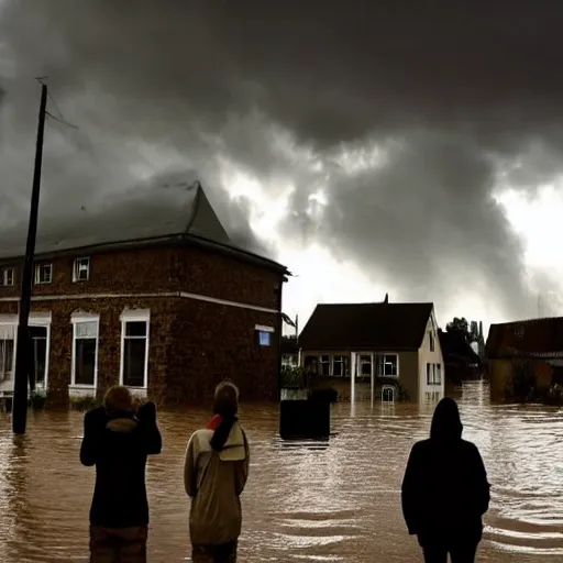 Image similar to the silhouette of 4 people standing in front of a small german town that's being flooded, stormy weather, moody lighting, medium full shot