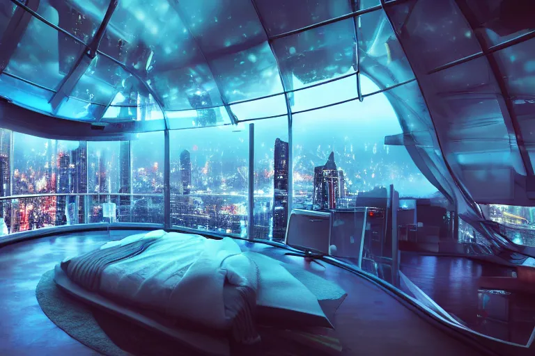 Image similar to a futuristic bedroom with large curved ceiling high windows looking out to a far future cyberpunk cityscape, cyberpunk neon lights, raining, scifi