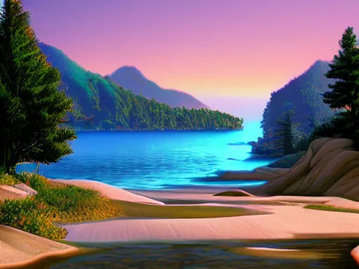 Prompt: calm, beautiful and cozy landscape, photorealist, vaporwave, 4 k