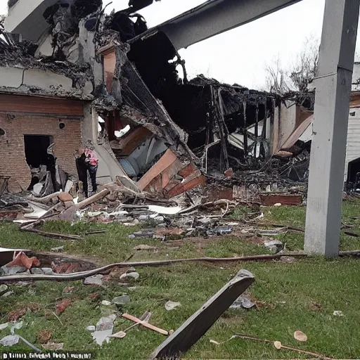 Image similar to an old village house, in the ground a large funnel from the explosion, around people take pictures of this funnel