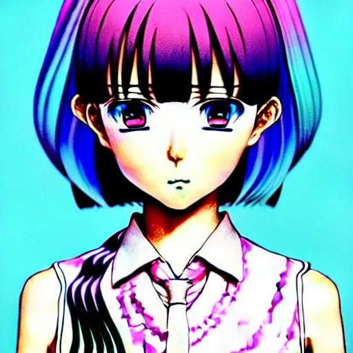 Prompt: modern anime art illustration of a beautiful young woman, with morbid thoughts, wearing a tie-dye shirt, short shorts, with short hair with bangs, she is the queen of sharp needles, under the effect of psychosis and euphoria, by Range Murata, Katsuhiro Otomo, Yoshitaka Amano, and Artgerm. 3D shadowing effect, 8K resolution.