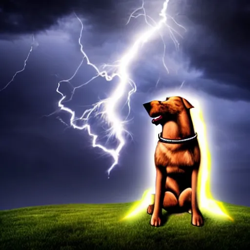 Image similar to a canine thor holding thor's hammer with its paw, dramatic lightning background