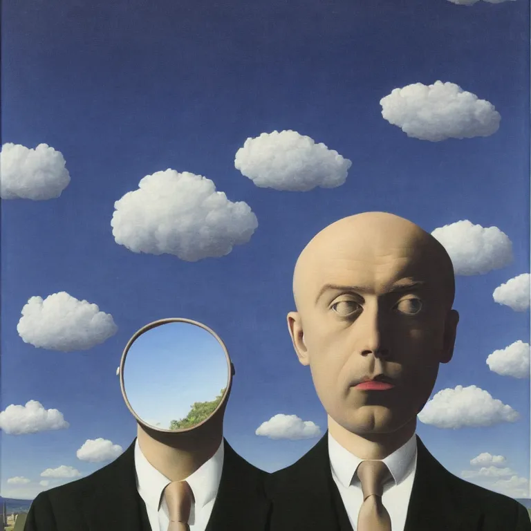 Image similar to portrait of a faceless mirror - head man in a suit, clouds in the background, by rene magritte, detailed painting, distance, middle centered, hd, hq, high resolution, high detail, 4 k, 8 k