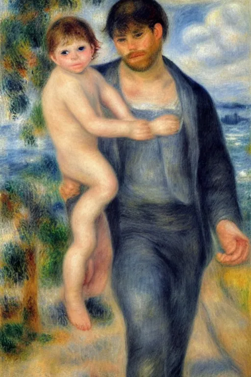 Image similar to a man holding his child over his shoulders walking near the beach, anatomically correct, painting by renoir, masterpiece