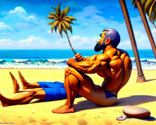 Image similar to muscular gandhi at the beach, sitting on the sand next to a campfire, with palm trees in the back, by artgerm, ilya kuvshinov katsuhiro villeneuve, jeremy lipkin and michael garmash and rob rey, disney pixar zootopia, by tristan eaton, stanley artgermm, tom bagshaw, greg rutkowski, carne griffiths