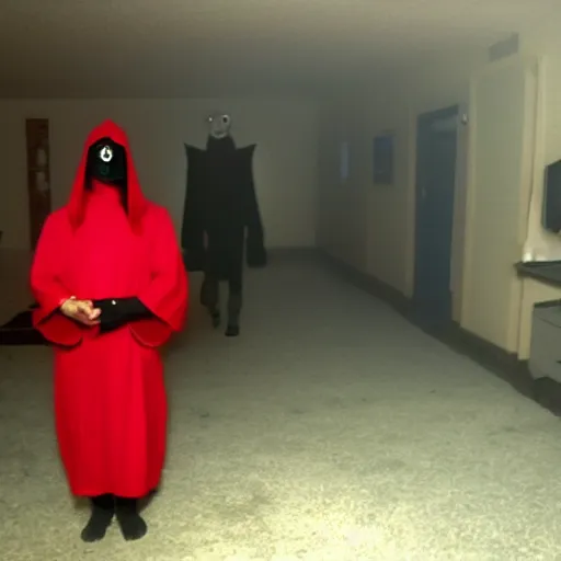 Image similar to cultist in robe with mask and gloves, ceremonial, cctv footage, horror lighting