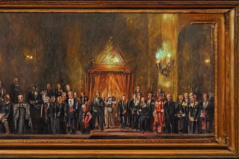 Image similar to a dark sinister ritual at a freemason temple, oil painting, highly detailed