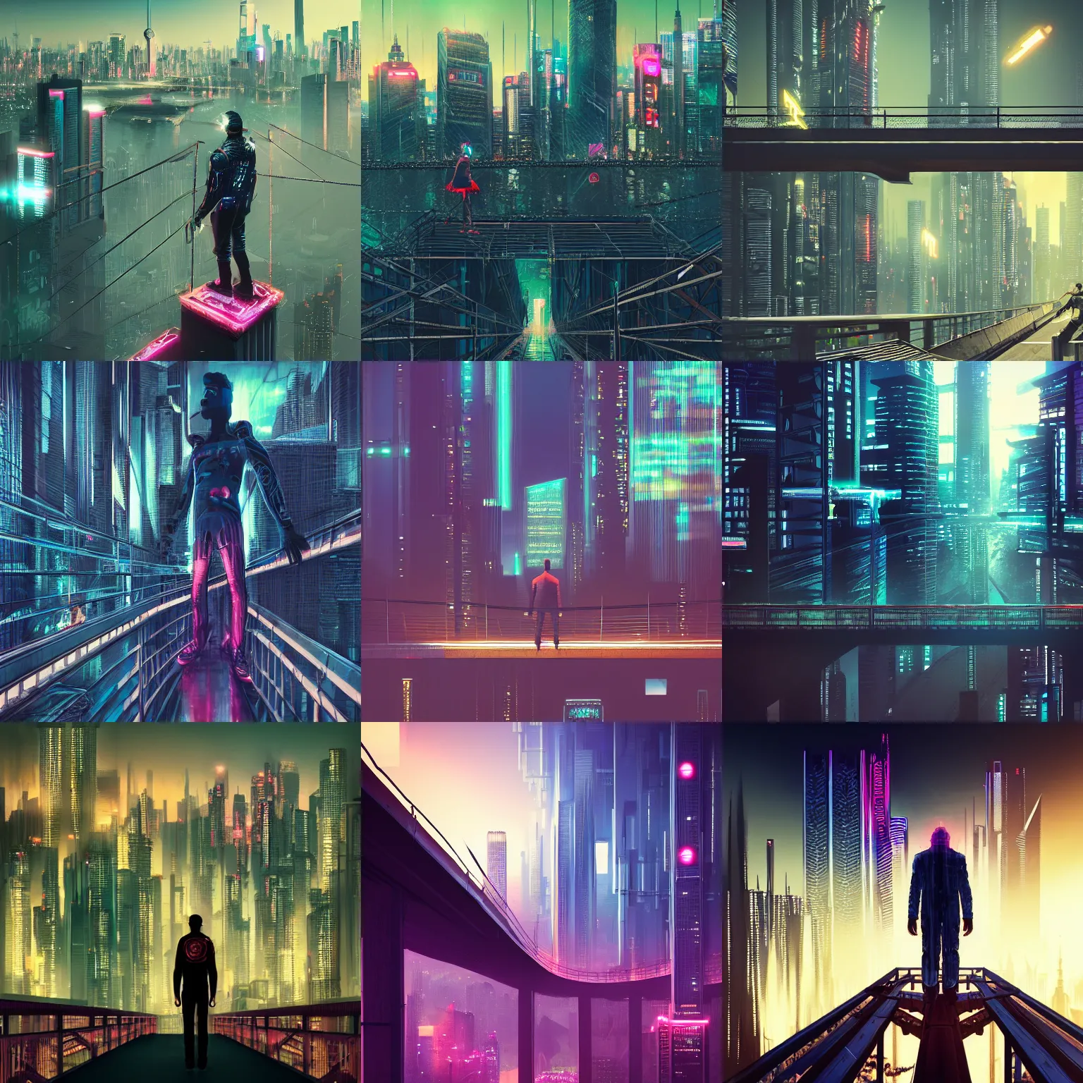 Prompt: a man standing on top of a bridge over a city, cyberpunk art by Vincent Lefevre, behance contest winner, altermodern, cityscape, synthwave, matte painting