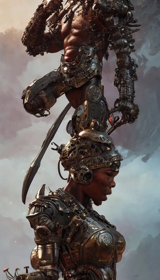 Image similar to zulu cyborg warrior, sweaty, insane, intricate, highly detailed, digital painting, artstation, concept art, smooth, sharp focus, illustration, Unreal Engine 5, 8K, art by artgerm and greg rutkowski and alphonse mucha